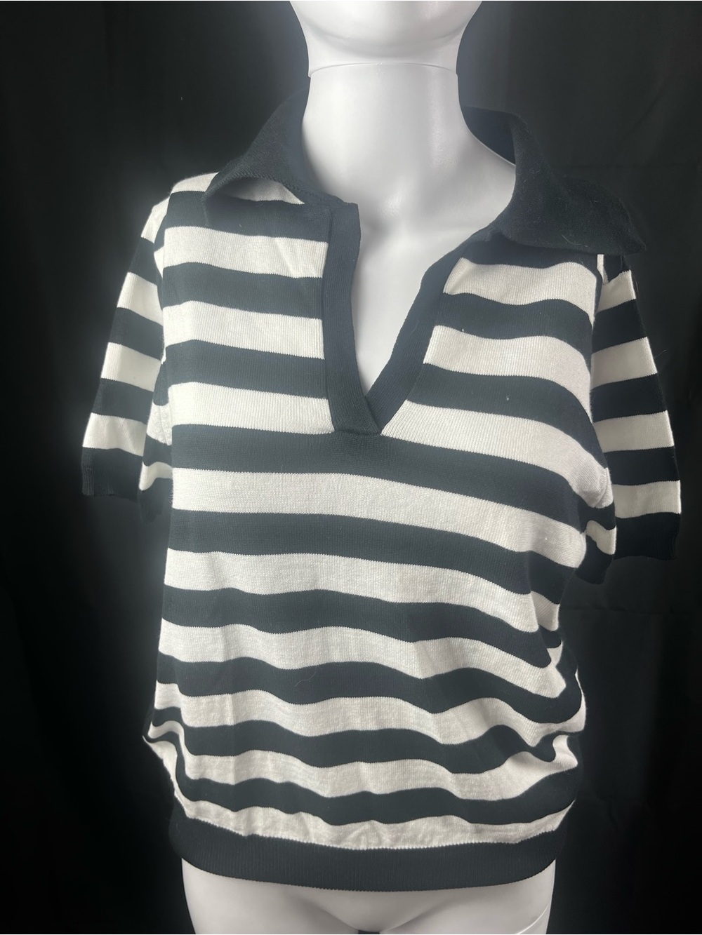 white birch Black and White Striped Short Sleeve Polo Sweater Top